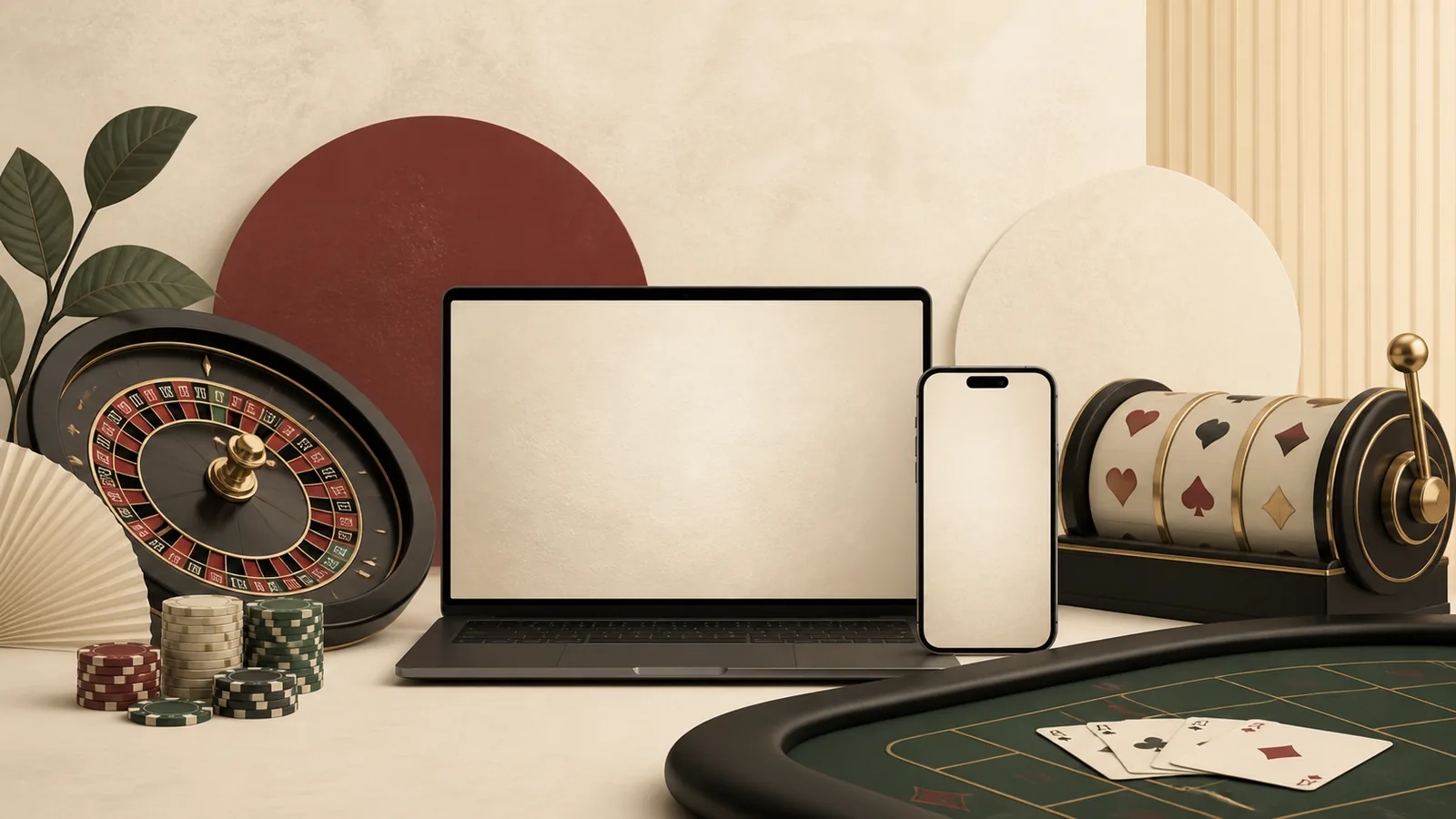Composição editorial de roleta, slots e mesa de cassino em dispositivos