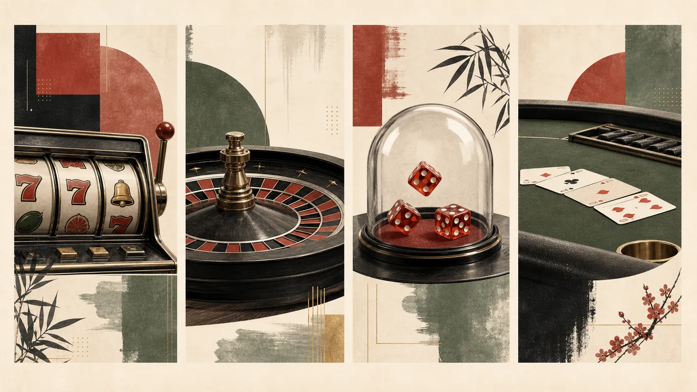 Mosaico ilustrativo de slots, roleta, dados e mesa de cartas
